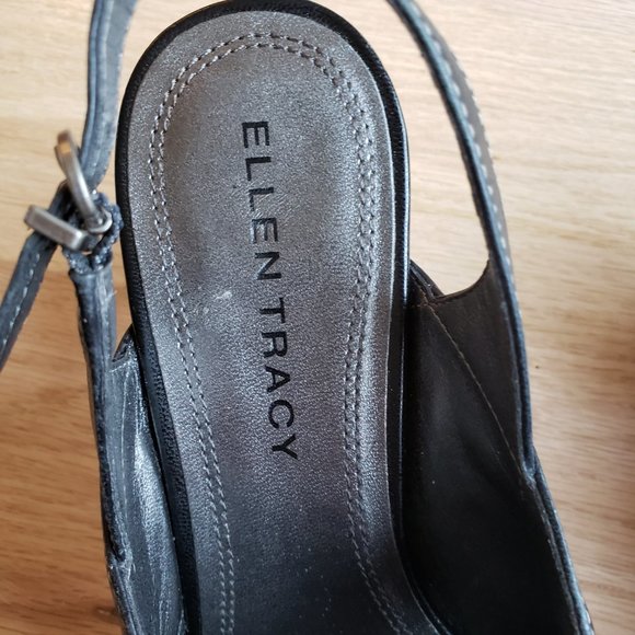 Ellen Tracy Black Leather Open-Toe Sling-back Stacked Heels- Size 8 M - EUC - Picture 5 of 8